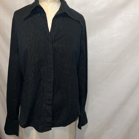 Black button down blouse‎ with gold shimmer stripes size Large - Picture 13 of 15